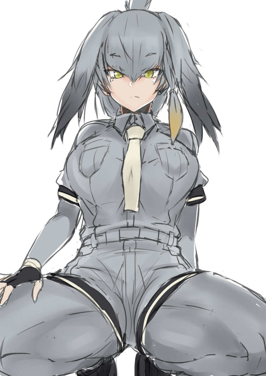 absurdres bangs bodystocking breast_pocket breasts collared_shirt expressionless eyebrows_visible_through_hair feathers fingerless_gloves gloves grey_legwear hair_between_eyes head_wings highres kemono_friends large_breasts looking_at_viewer maruya1006 necktie pantyhose pantyhose_under_shorts pocket shirt shoebill_(kemono_friends) shorts silver_hair sketch squatting yellow_eyes
