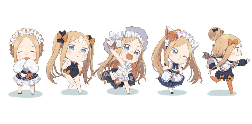 1girl :d :x ^_^ abigail_williams_(fate) abigail_williams_(swimsuit_foreigner)_(fate) animal_ears bare_arms bare_legs bare_shoulders barefoot black_bow black_dress black_footwear blonde_hair blue_eyes blush bonnet bow braid braided_bun cat_ears chibi closed_eyes closed_mouth crossed_bandaids dress facing_viewer fate/grand_order fate_(series) forehead hair_bow hair_bun heroic_spirit_festival_outfit highres long_hair long_sleeves looking_at_viewer multiple_views no_shoes one_eye_closed open_mouth orange_bow orange_legwear pantyhose profile shadow shoes sleeves_past_fingers sleeves_past_wrists smile socks standing standing_on_one_leg striped striped_bow stuffed_animal stuffed_toy teddy_bear totatokeke twintails v-shaped_eyebrows very_long_hair white_background white_bow white_dress white_headwear white_legwear