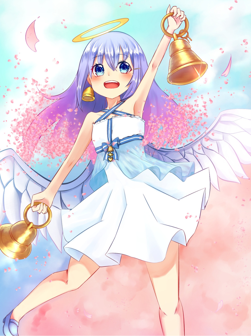 1girl :d angel_wings arm_up bare_shoulders bell bell_earrings bellringer_angel blue_eyes blue_footwear blue_hair blue_sky blush cherry_blossoms day dress earrings hair_ornament hairclip halo halterneck highres hosityaya jewelry long_hair looking_at_viewer open_mouth outdoors shadowverse shoes sky smile solo white_dress wings