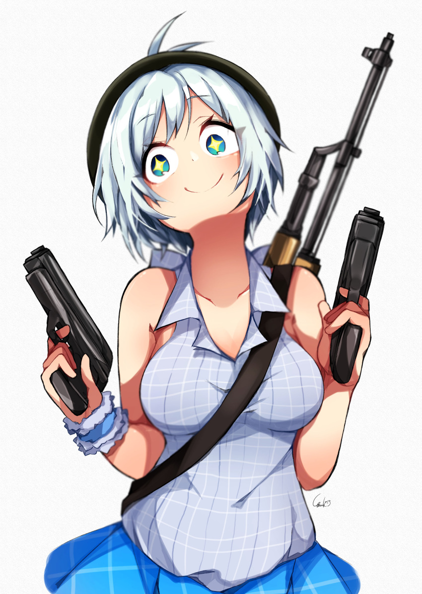 +_+ 1girl absurdres antenna_hair bangs bare_shoulders blue_eyes blue_shirt blue_skirt blush breasts closed_mouth collarbone collared_shirt commentary_request dennou_shoujo_youtuber_shiro dual_wielding eyebrows_visible_through_hair grey_background gun hair_between_eyes handgun head_tilt highres holding holding_gun holding_weapon large_breasts looking_at_viewer motimotifukurou plaid plaid_shirt plaid_skirt pleated_skirt shiro_(dennou_shoujo_youtuber_shiro) shirt signature silver_hair simple_background skirt smile solo virtual_youtuber weapon weapon_on_back weapon_request wrist_cuffs