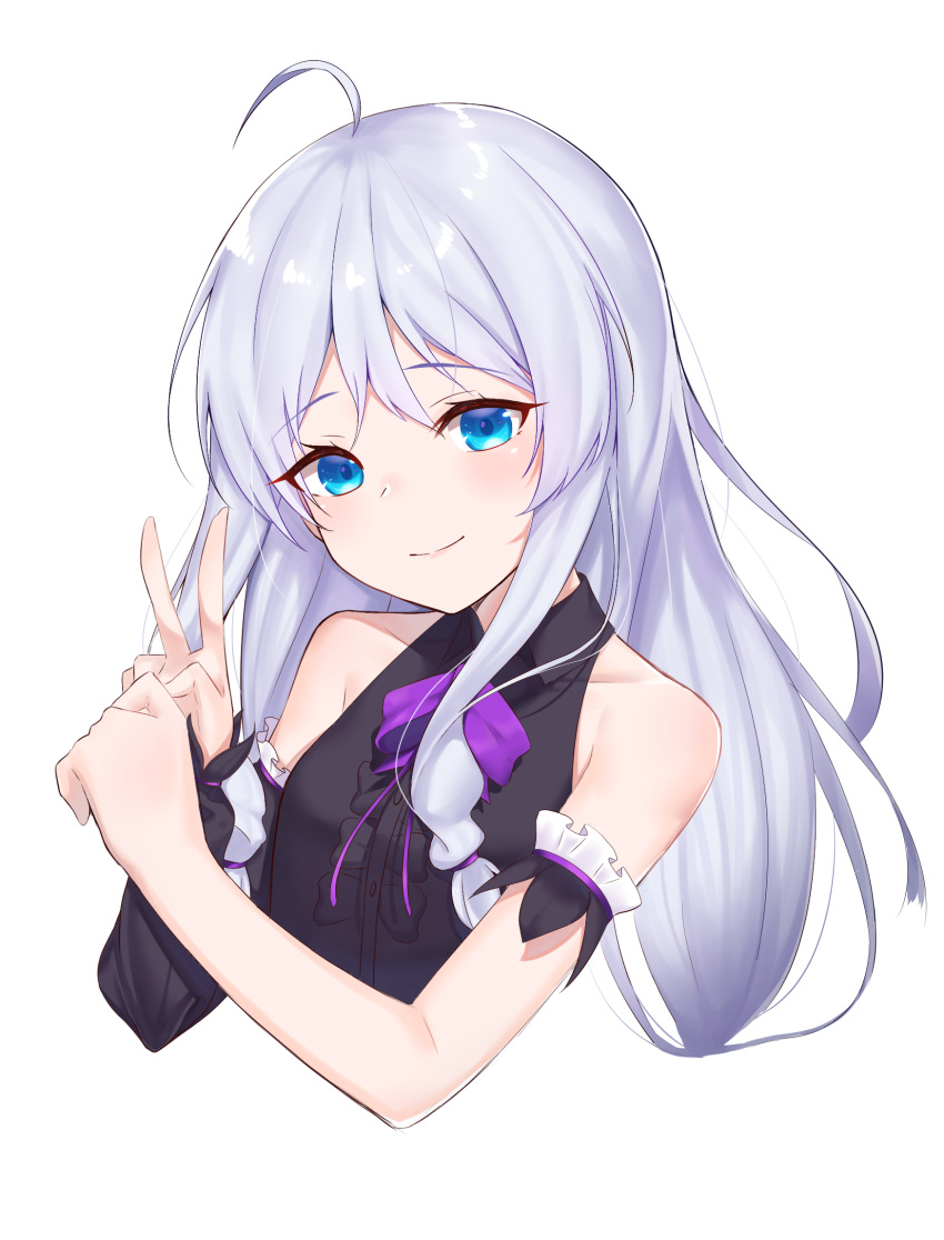 1girl ahoge bangs bare_shoulders black_dress blue_eyes blush bow center_frills closed_mouth dress eyebrows_visible_through_hair frills hair_between_eyes head_tilt highres kuki_panda_(wkdwnsgk13) long_hair long_sleeves puffy_long_sleeves puffy_sleeves purple_bow silver_hair simple_background single_detached_sleeve sleeveless sleeveless_dress smile solo soul_worker stella_unibell upper_body v very_long_hair white_background