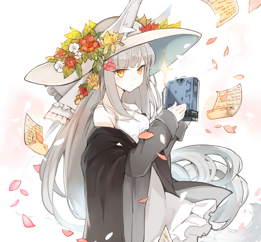 1girl animal_ears bangs bare_shoulders book closed_mouth collarbone commentary_request dress ears_through_headwear eyebrows_visible_through_hair flower fox_ears grey_jacket hat holding holding_book jacket long_hair long_sleeves mitu_yang orange_eyes original paper petals red_flower silver_hair sleeveless sleeveless_dress sleeves_past_wrists solo sparkle strap_slip very_long_hair white_dress white_flower white_hat yellow_flower