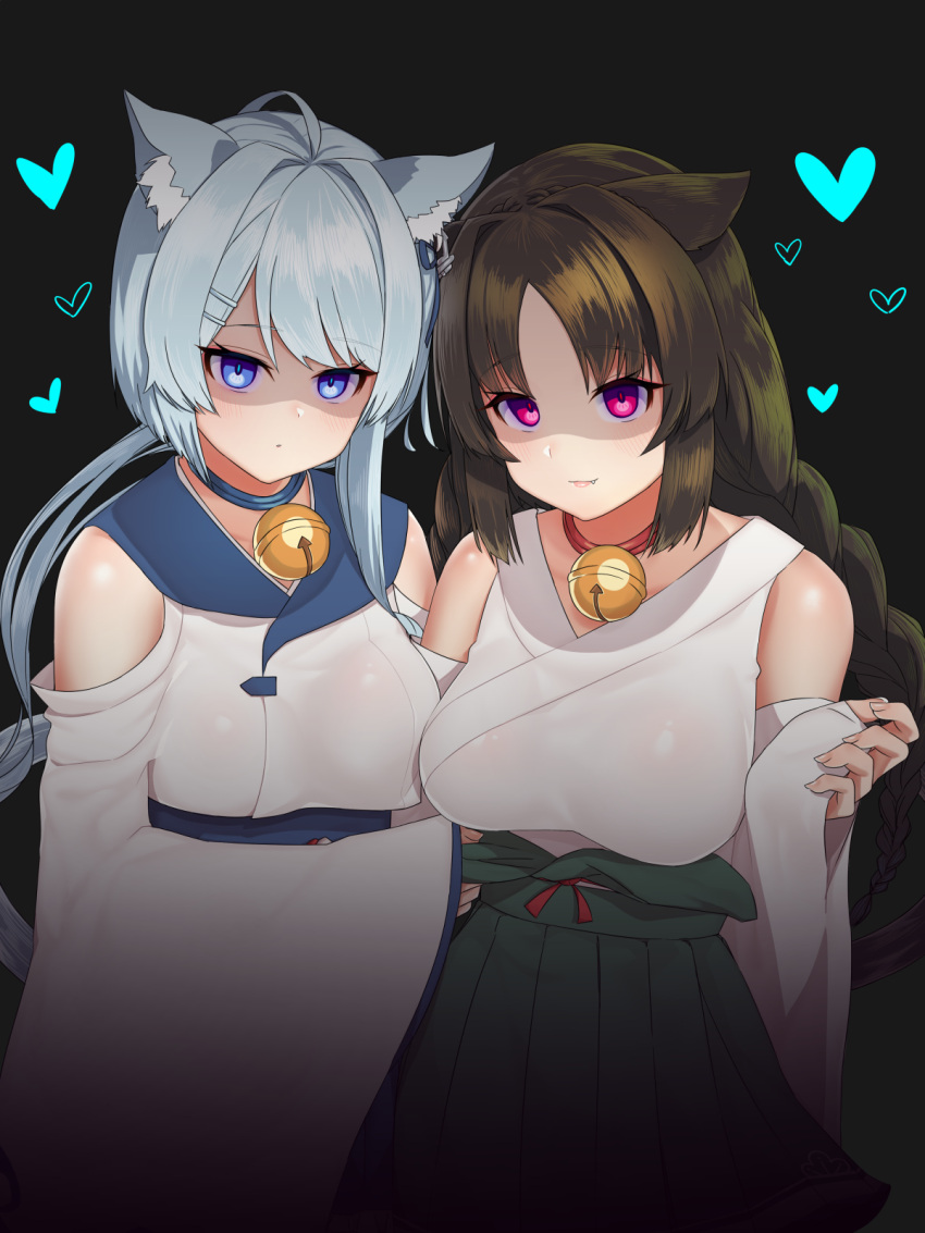 2girls animal_ears asashio_(azur_lane) azur_lane bangs bell black_background blue_eyes blue_hair blue_sailor_collar blue_skirt braid breasts brown_hair cat_ears fang_out glowing glowing_eyes hair_intakes hakama_skirt heart highres jingle_bell large_breasts long_hair long_sleeves looking_at_viewer multiple_girls neck_bell nezuko ooshio_(azur_lane) parted_bangs pink_eyes ponytail sailor_collar shaded_face shoulder_cutout simple_background skirt smile twin_braids very_long_hair wide_sleeves yandere