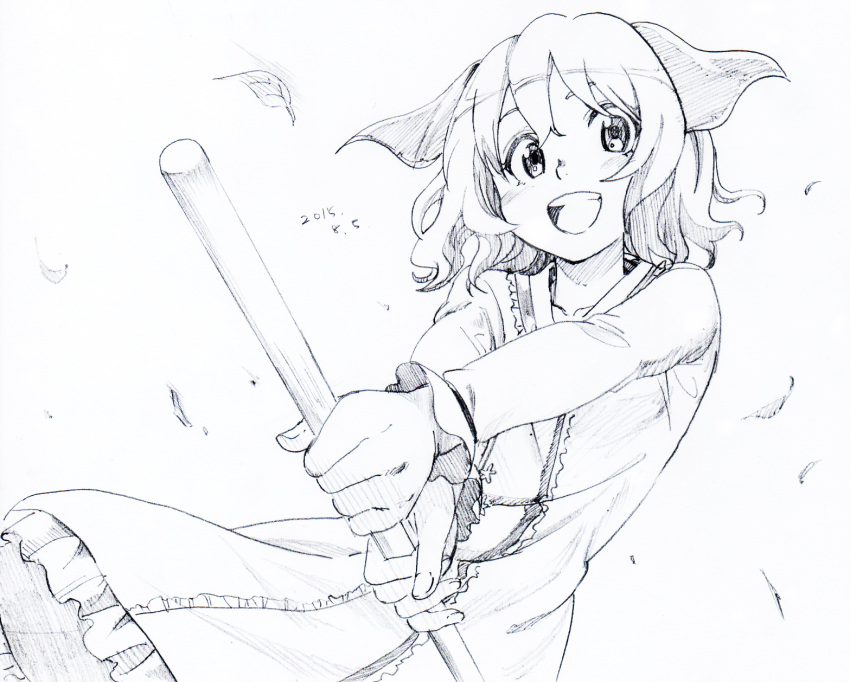 1girl :d animal_ears blush broom dated dog_ears dress graphite_(medium) greyscale highres holding holding_broom kasodani_kyouko leaf long_sleeves looking_at_viewer monochrome open_mouth pink_x scan short_hair signature simple_background smile solo touhou traditional_media white_background