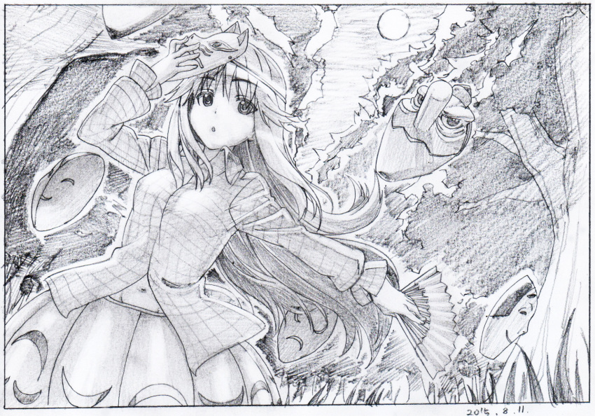 1girl :o black_border border bubble_skirt collared_shirt dated expressionless eyebrows_visible_through_hair fan folding_fan forest fox_mask graphite_(medium) greyscale hata_no_kokoro highres holding holding_fan long_hair long_sleeves looking_at_viewer mask monochrome nature navel outdoors parted_lips pink_x scan shirt skirt sky solo standing tengu_mask touhou traditional_media wing_collar