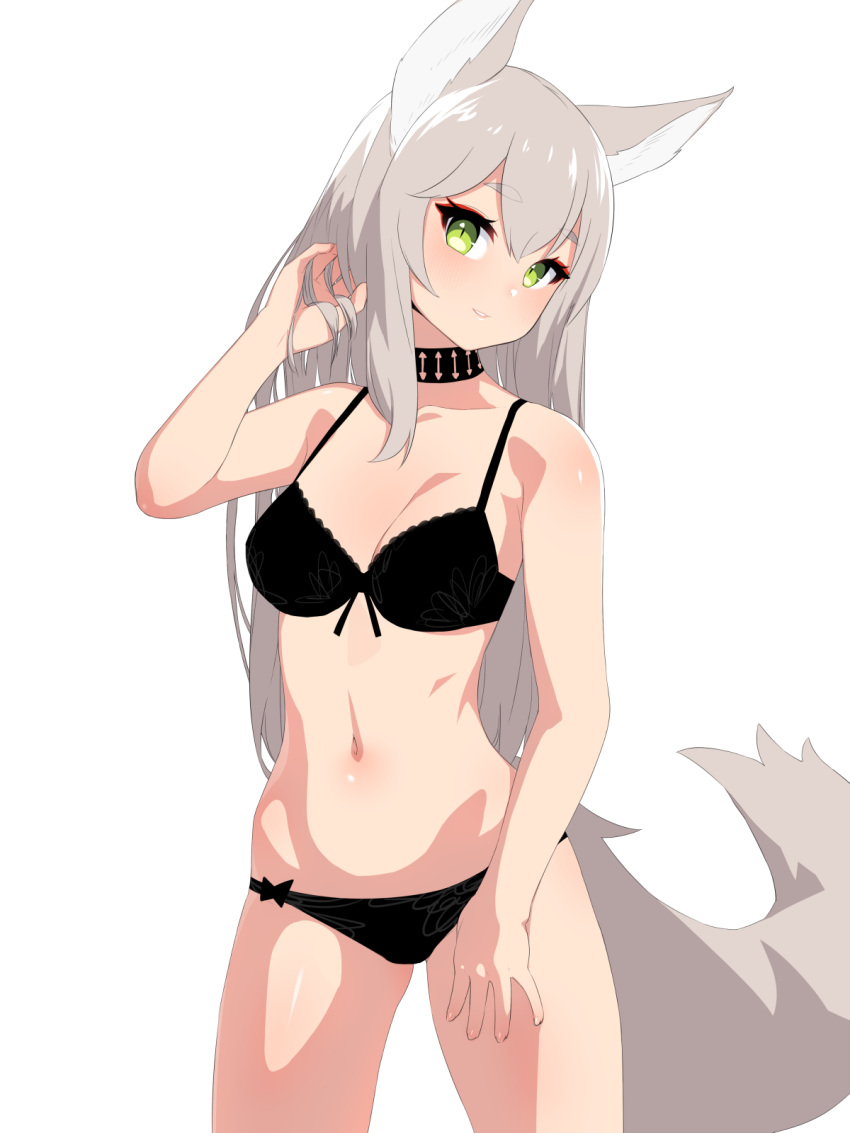 1girl animal_ears bare_arms bare_shoulders black_bra black_choker black_panties blush bra breasts choker cowboy_shot eyebrows_visible_through_hair fox_ears fox_tail frilled_bra frills green_eyes grey_hair hand_in_hair hand_up head_tilt highres legs_apart looking_at_viewer medium_breasts nezuko original panties parted_lips simple_background slit_pupils smile solo standing tail underwear underwear_only white_background
