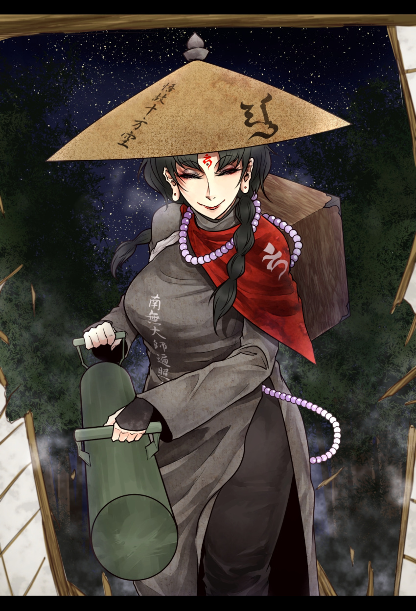 1girl backpack bag battering_ram black_hair braid broken_door closed_eyes commentary_request door dress earlobes earrings facial_mark fingerless_gloves forehead_mark gloves hat highres jewelry legacy_of_lunatic_kingdom long_sleeves night night_sky pants ryuuichi_(f_dragon) shawl side_slit sky smile solo touhou wide_sleeves yatadera_narumi