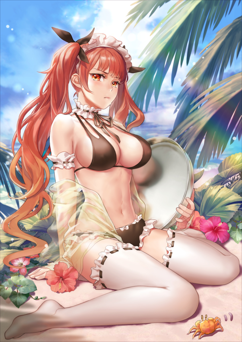 1girl absurdres azur_lane bangs bikini blunt_bangs breasts cleavage clouds commentary_request flower gradient_hair hibiscus highres holding honolulu_(azur_lane) long_hair looking_at_viewer medium_breasts multicolored_hair outdoors palm_tree red_eyes see-through shawl sideboob sitting sky solo sweatdrop swimsuit tray tree twintails yumao_(miaowuxiaoxue)