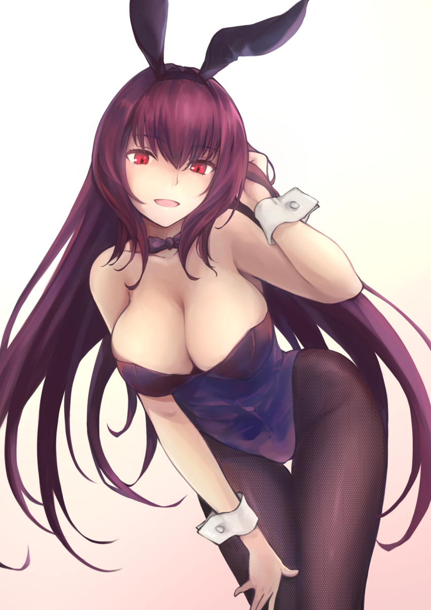 1girl animal_ears bk201 black_legwear bow bowtie breasts bunny_girl bunny_tail bunnysuit cleavage cowboy_shot fate/grand_order fate_(series) gradient gradient_background highres leaning_forward leotard long_hair looking_at_viewer pantyhose pink_background purple_hair purple_leotard purple_neckwear rabbit_ears red_eyes scathach_(fate/grand_order) solo strapless strapless_leotard tail white_background wrist_cuffs