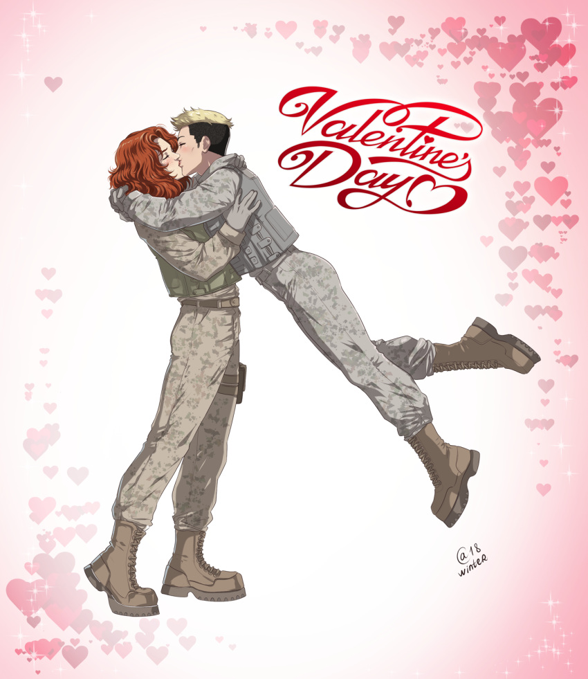 2girls arms_around_neck black_hair blonde_hair borrowed_character brown_footwear camouflage from_side gloves grey_gloves happy_valentine heart heart_background highres kiss military military_uniform multiple_girls original redhead reverse_trap sasha_gladysh short_hair signature soldier uniform very_short_hair vest wavy_hair yuri