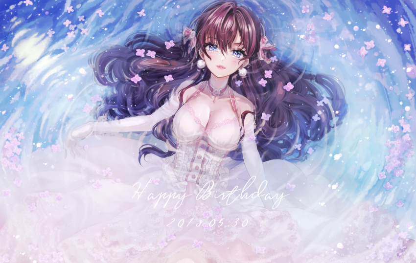1girl ahoge bangs bare_shoulders blue_eyes blush breasts brown_hair choker cleavage dated dress elbow_gloves eyebrows_visible_through_hair floating flower gloves happy_birthday highres ichinose_shiki idolmaster idolmaster_cinderella_girls jewelry long_hair looking_at_viewer lying magako medium_breasts on_back parted_lips pendant petals smile solo water wavy_hair white_dress white_gloves
