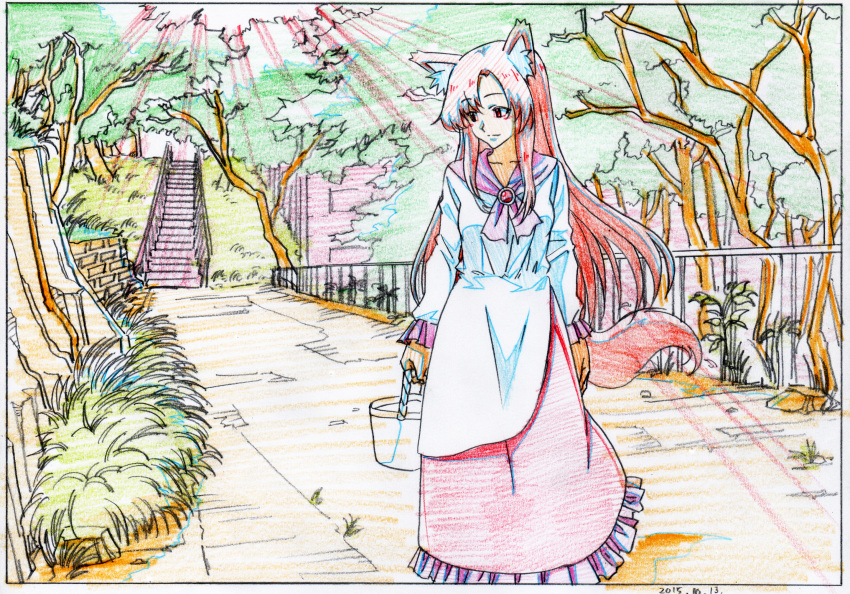 animal_ears basket closed_mouth colored_pencil_(medium) dated day dress fence gem graphite_(medium) grass highres holding imaizumi_kagerou key_frame light_rays long_hair long_sleeves looking_to_the_side outdoors pink_x red_skirt redhead scan skirt smile stairs standing tail touhou traditional_media white_dress wolf_ears wolf_tail