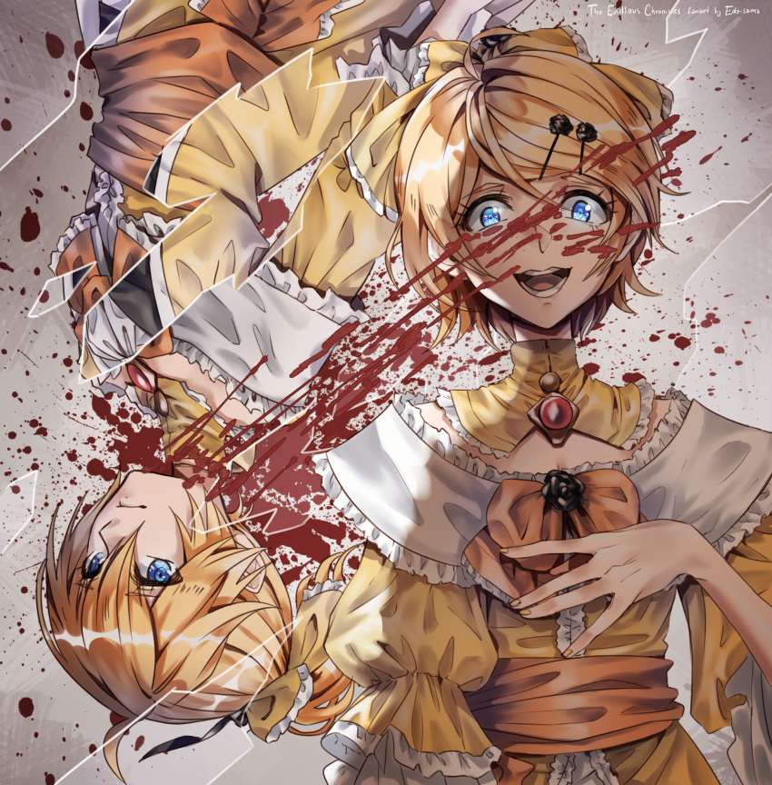1boy 1girl aku_no_meshitsukai_(vocaloid) aku_no_musume_(vocaloid) allen_avadonia bangs blonde_hair blood blood_on_face blood_splatter blood_stain blue_eyes bow broken_mirror brother_and_sister brown_blazer choker cravat crossdressinging dress edo-sama evil_eyes evil_smile evillious_nendaiki flower frilled_dress frills hair_bow hair_ornament hairclip hand_on_own_chest highres jacket juliet_sleeves kagamine_len kagamine_rin laughing long_sleeves nail_polish puffy_sleeves riliane_lucifen_d'autriche rose serious shards siblings smile twins updo upside-down vocaloid yellow_dress yellow_jacket yellow_nails