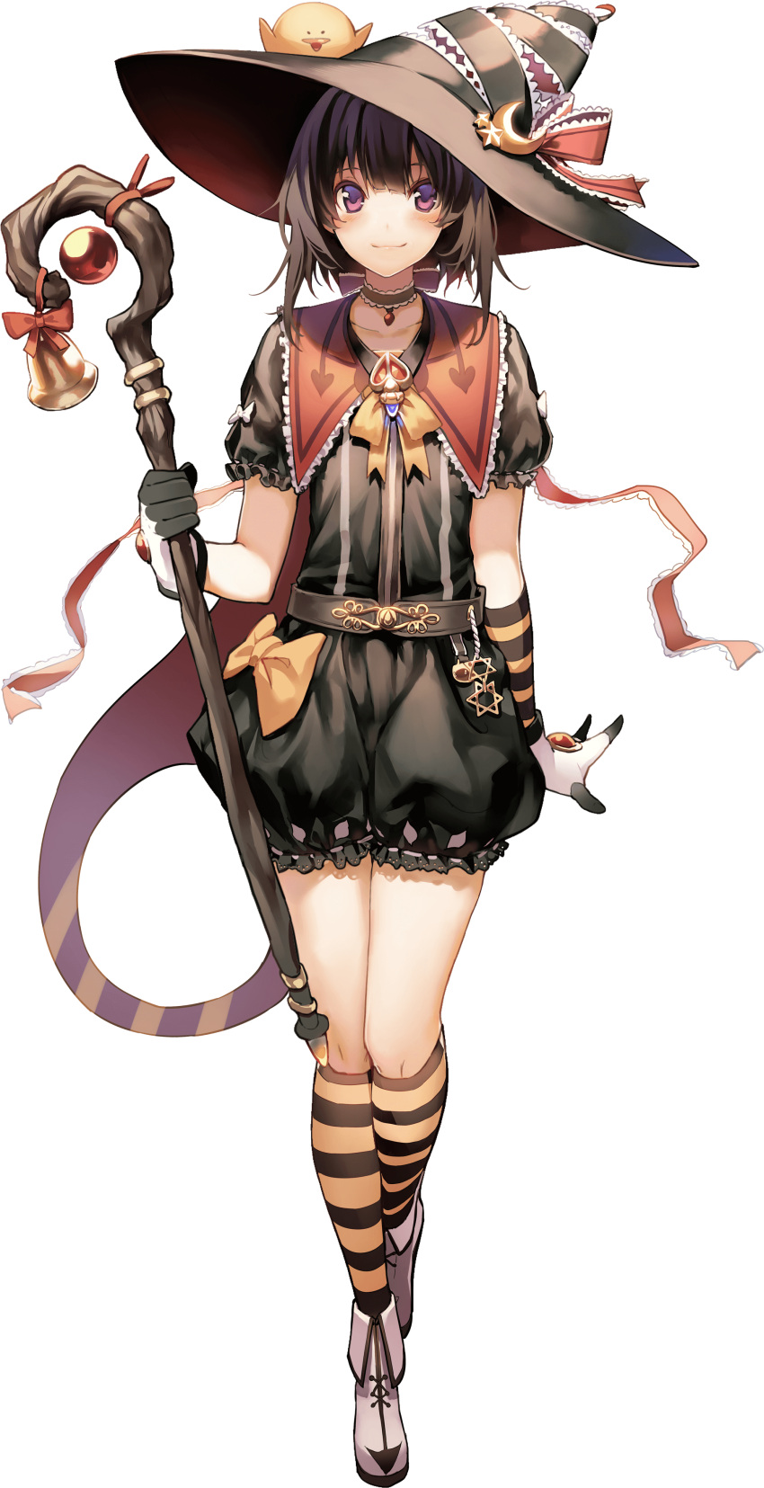 1girl absurdres artist_request bell black_hair choker full_body hat hexagram highres holding holding_wand kneehighs looking_at_viewer puffy_pants red_eyes short_hair short_sleeves smile solo star_of_david striped striped_legwear wand witch_hat