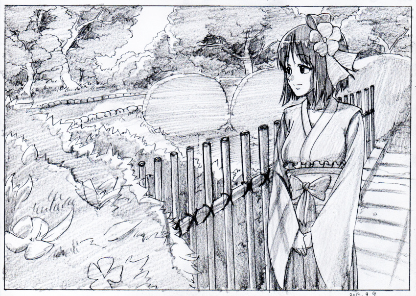 1girl black_border border bow bush character_request closed_mouth dated eyebrows_visible_through_hair fence flower graphite_(medium) greyscale hair_flower hair_ornament hakama highres japanese_clothes key_frame long_sleeves monochrome outdoors own_hands_together path pink_x road scan smile solo standing touhou traditional_media tree