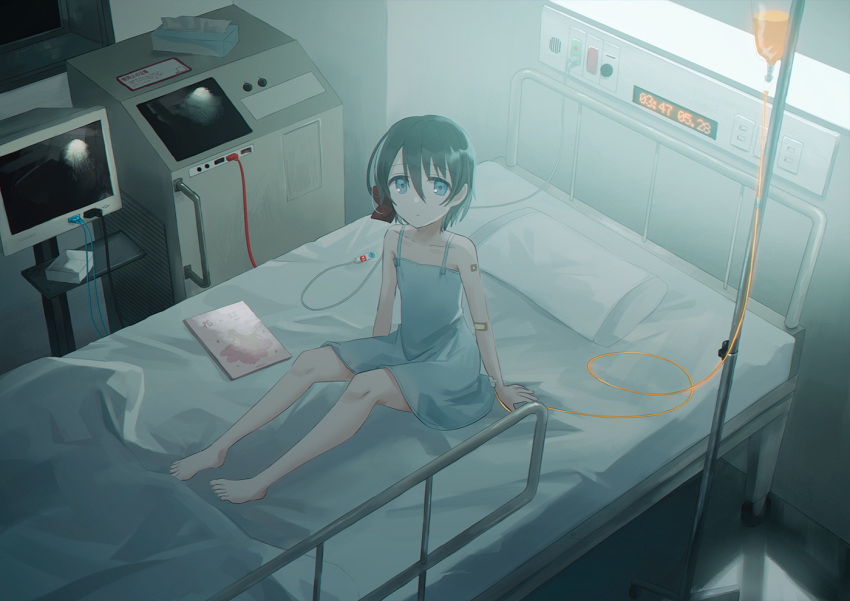 1girl bandaid_on_arm bangs bare_arms bare_shoulders bed black_hair blue_dress blue_eyes closed_mouth collarbone commentary_request dress eyebrows_visible_through_hair hair_between_eyes hospital_bed indoors intravenous_drip looking_at_viewer monitor original sakanaoishiiumauma short_hair sitting sleeveless sleeveless_dress solo tissue_box