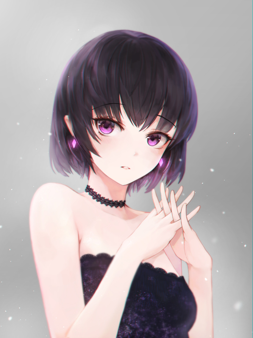 1girl absurdres bad_id bad_pixiv_id bangs black_hair blush bob_cut choker commentary crystalherb dress earrings english_commentary grey_background hair_between_eyes highres interlocked_fingers jewelry looking_at_viewer original parted_lips short_hair simple_background solo upper_body violet_eyes