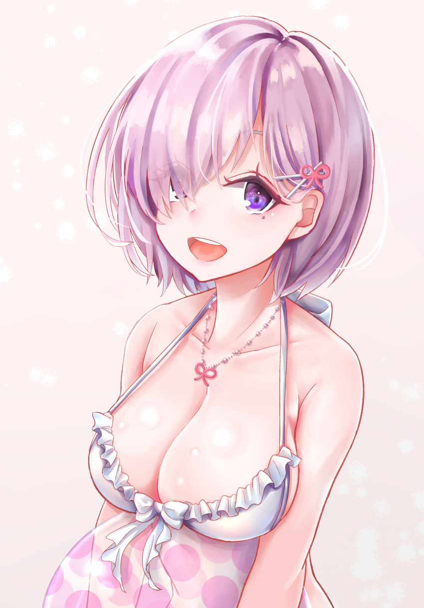 1girl :d absurdres ball bikini bikini_top bow breasts cleavage fate/grand_order fate_(series) hair_bow hair_over_one_eye hayashi_takeo highres jewelry large_breasts lavender_hair looking_at_viewer mash_kyrielight necklace open_mouth pink_bow polka_dot short_hair smile solo swimsuit upper_body violet_eyes white_bikini white_bow