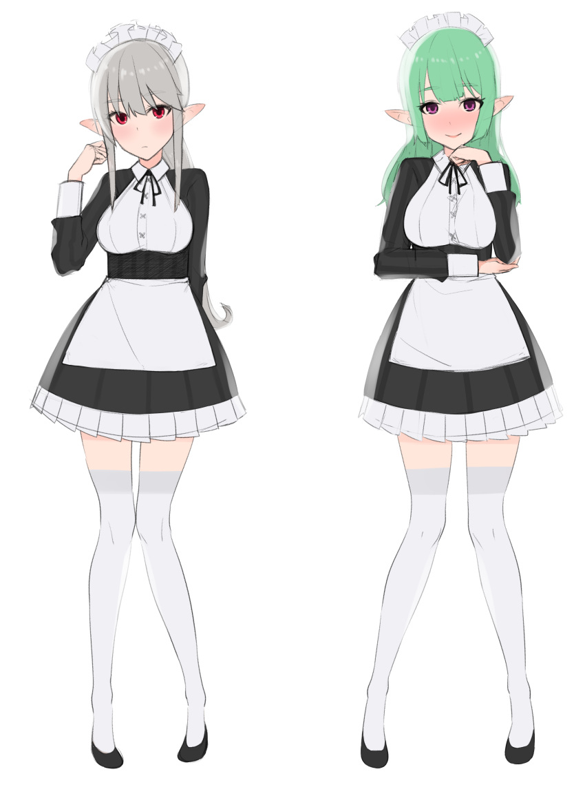 2girls absurdres apron black_dress black_footwear black_neckwear black_ribbon blush breasts closed_mouth copyright_request dress embarrassed eyebrows_visible_through_hair green_hair grey_hair grey_legwear hand_up highres knees_together_feet_apart large_breasts legs_apart long_sleeves looking_at_viewer maid maid_apron maid_headdress multiple_girls neck_ribbon nezuko pointy_ears red_eyes ribbon shoes short_dress smile standing thigh-highs violet_eyes zettai_ryouiki
