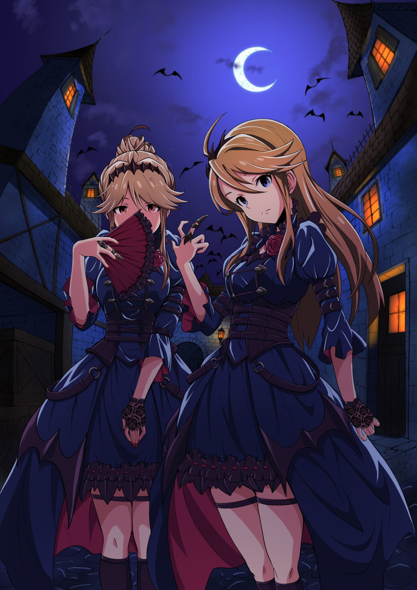 2girls absurdres ahoge arm_belt asanaya bat blue_eyes building claw_ring collar commentary_request crescent_moon fan fingerless_gloves flower folding_fan frilled_collar frills gloves gothic_lolita hair_bun hairband highres idolmaster idolmaster_million_live! idolmaster_million_live!_theater_days jewelry lolita_fashion long_hair looking_at_viewer moon multiple_girls nail_polish night night_sky outdoors puffy_sleeves red_eyes ring rose sidelocks sky tenkuubashi_tomoka thigh_strap tied_hair tokoro_megumi