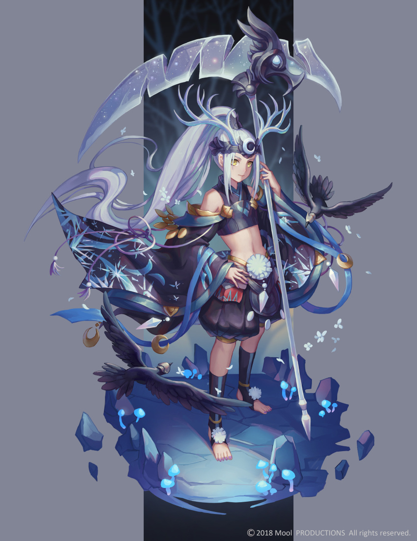1boy absurdres antlers barefoot bird blush character_request closed_mouth eyebrows full_body grey_hair highres long_hair looking_at_viewer mool_yueguang nail_polish navel onmyoji onmyouji ponytail purple_nails solo trap very_long_hair yellow_eyes