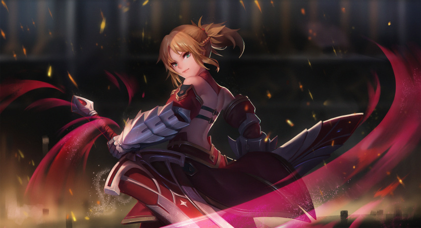 1girl back bangs bare_shoulders blonde_hair blurry blurry_background braid clarent closed_mouth detached_collar detached_sleeves dual_wielding fate/apocrypha fate_(series) french_braid from_behind gauntlets gem green_eyes hair_ornament hair_scrunchie head_tilt highres holding holding_sword holding_weapon light_trail looking_at_viewer looking_back mordred_(fate) mordred_(fate)_(all) parted_bangs ponytail red_skirt reverse_grip rix2118 ruby_(stone) scrunchie short_hair short_ponytail skirt solo standing sword v-shaped_eyes weapon wind