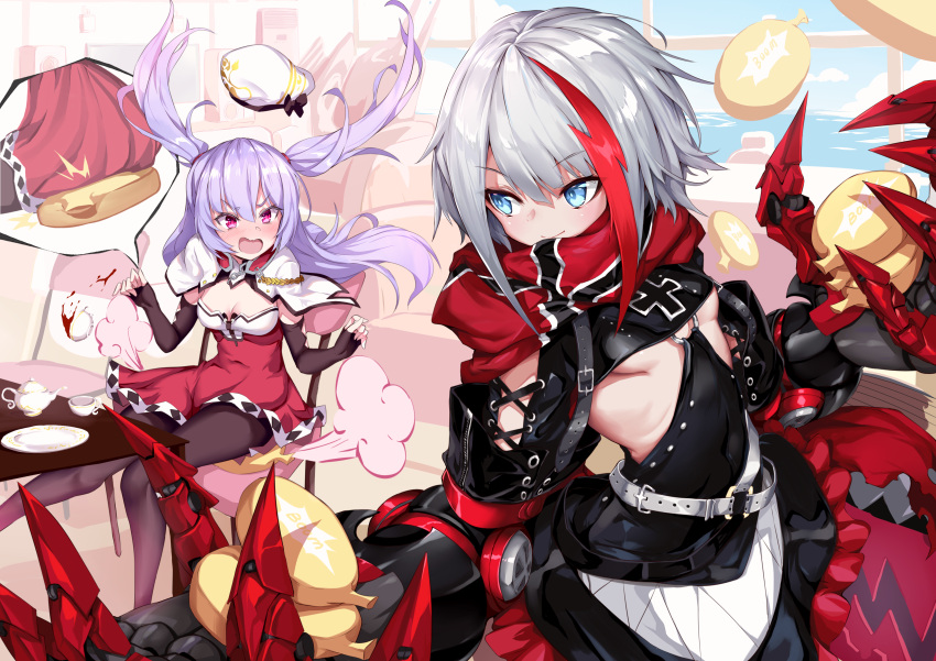 &gt;:o 2girls absurdres admiral_graf_spee_(azur_lane) ajax_(azur_lane) angry azur_lane bangs belt black_gloves black_legwear blue_eyes bow breasts capelet chair claw_(weapon) cleavage closed_mouth cup dress elbow_gloves eyebrows_visible_through_hair fingerless_gloves folding_chair gloves hat hat_bow highres indoors iron_cross lavender_hair long_hair looking_at_another looking_back loose_belt medium_breasts multicolored_hair multiple_girls o-ring ocean open_mouth pantyhose pink_eyes scarf shanyao_jiang_tororo short_hair silver_hair sitting small_breasts smile spill streaked_hair table tea teacup teapot weapon whoopee_cushion window