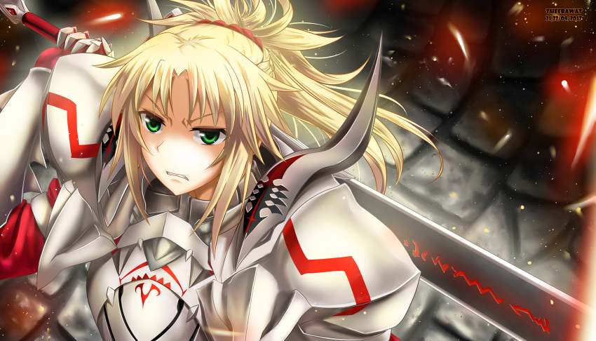 1girl angry armor artist_name blonde_hair clarent dated fate/apocrypha fate_(series) gauntlets green_eyes hair_ornament hair_scrunchie highres medium_hair mordred_(fate) mordred_(fate)_(all) ponytail scrunchie solo spiky_hair stone_floor theerawat