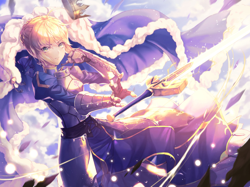 1girl absurdres ahoge armor armored_dress artoria_pendragon_(all) bangs blonde_hair blue_cloak blue_dress blue_ribbon blue_sky braid breastplate chyopeuteu cloak_removed clouds cloudy_sky commentary crown crown_removed day dress excalibur eyebrows_visible_through_hair fate/stay_night fate_(series) faulds french_braid fur-trimmed_cloak gauntlets green_eyes hair_between_eyes hair_ribbon hand_up highres juliet_sleeves light_particles light_trail long_dress long_sleeves looking_at_viewer motion_blur outdoors outstretched_arm parted_lips puffy_sleeves reaching ribbon saber short_hair sidelocks sky solo sunlight turtleneck v-shaped_eyes wind