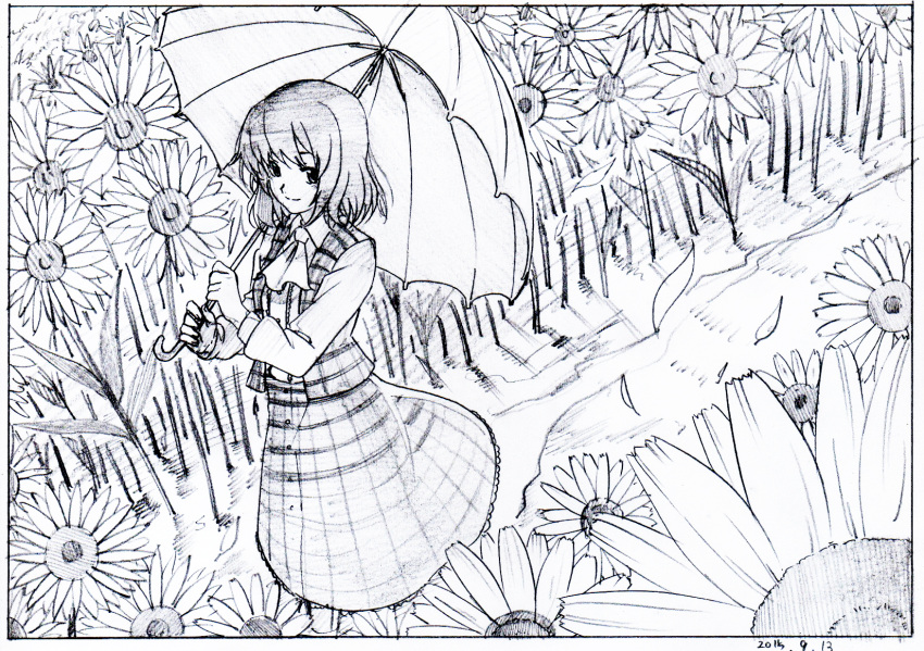 1girl ascot black_border border character_request collared_shirt dated dress field flower flower_field graphite_(medium) greyscale highres holding holding_umbrella key_frame long_sleeves looking_at_viewer monochrome pink_x scan shirt short_hair skirt smile solo standing sunflower touhou traditional_media umbrella wing_collar