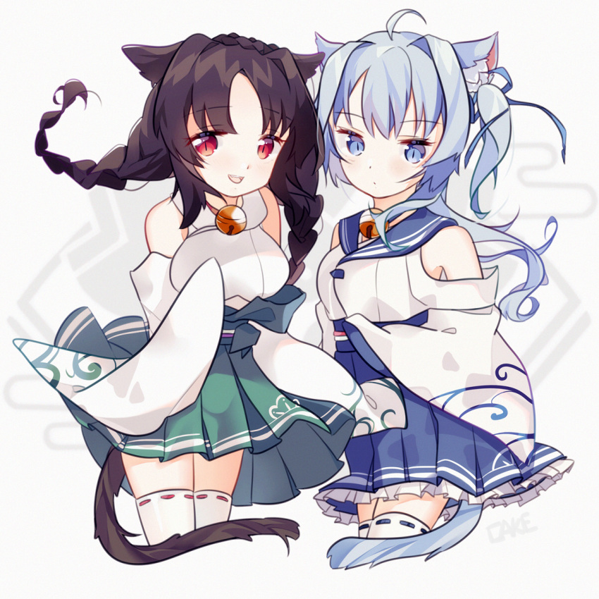 2girls animal_ears asashio_(azur_lane) azur_lane bangs bare_shoulders bell blue_eyes blue_hair blue_ribbon blue_skirt braid breasts brown_hair cake_(isiofb) cat_ears cat_girl cat_tail commentary_request detached_sleeves eyebrows_visible_through_hair frilled_skirt frills green_skirt grey_background hair_ribbon highres japanese_clothes jingle_bell kimono long_sleeves low_twintails medium_breasts multiple_girls ooshio_(azur_lane) parted_bangs pleated_skirt red_eyes ribbon ribbon-trimmed_legwear ribbon_trim skirt sleeves_past_fingers sleeves_past_wrists tail twin_braids twintails white_kimono white_legwear wide_sleeves