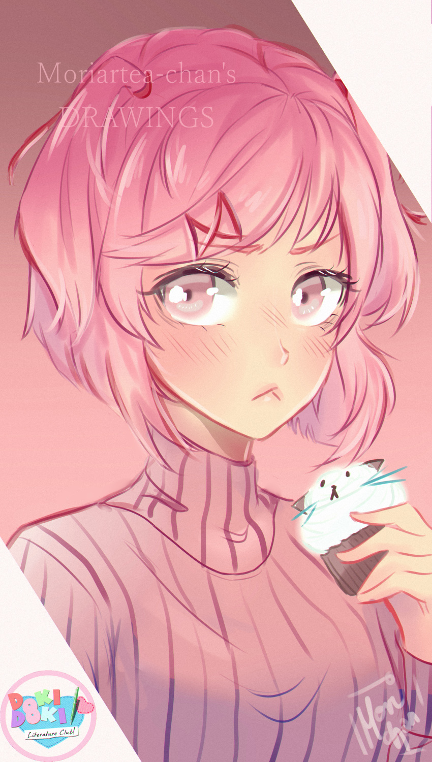 1girl :&lt; absurdres artist_name blush commentary copyright_name cupcake doki_doki_literature_club english_commentary eyebrows_visible_through_hair food hair_ornament hairclip highres looking_at_viewer moriartea-chan natsuki_(doki_doki_literature_club) pink_eyes pink_hair pink_sweater ribbed_sweater short_hair solo sweater upper_body