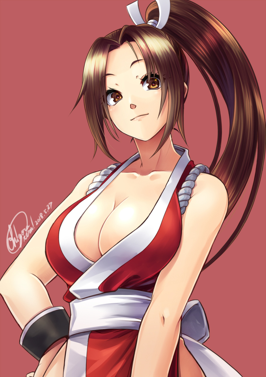 1girl bare_shoulders bracer breasts brown_eyes brown_hair cleavage fan fatal_fury folding_fan hair_tie hand_on_hip high_ponytail highres japanese_clothes large_breasts ninja obi ooike_teru pelvic_curtain ponytail revealing_clothes ribbon rope sash shiranui_mai signature smirk the_king_of_fighters white_ribbon