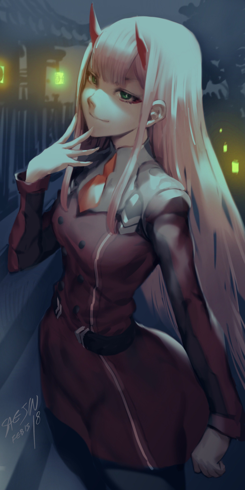 1girl absurdres aqua_eyes breasts closed_mouth cowboy_shot dark darling_in_the_franxx double-breasted dress eyeshadow finger_to_chin green_eyes highres horns lantern makeup medium_breasts military military_uniform necktie night night_sky oni_horns orange_neckwear pantyhose pink_hair red_dress red_horns saejin_oh sky smile straight_hair uniform zero_two_(darling_in_the_franxx)