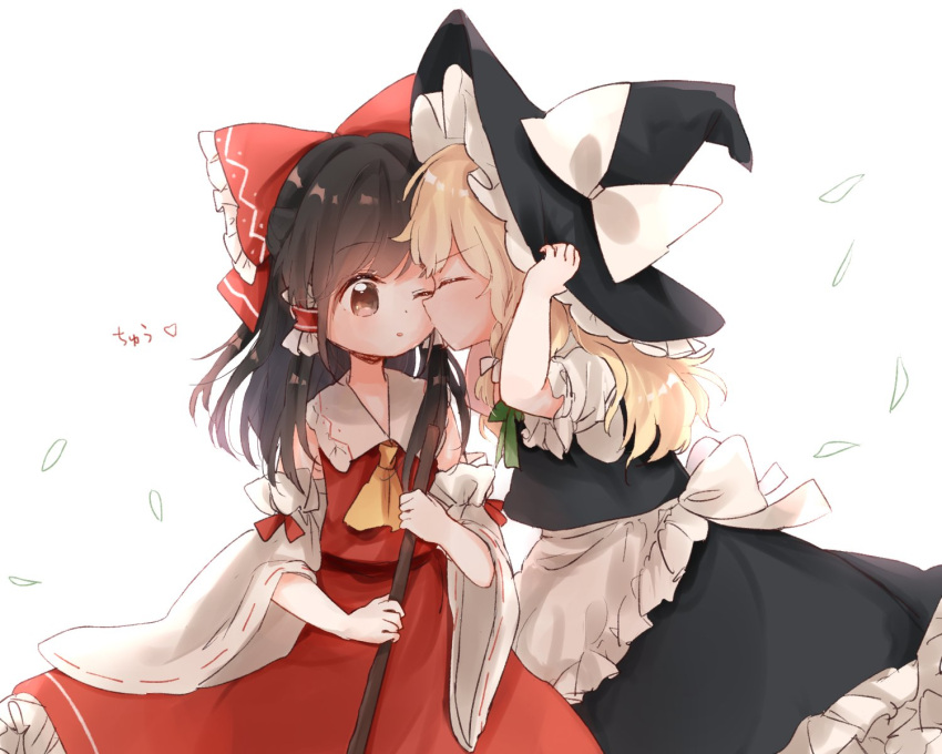 2girls ascot black_hair bow broom brown_eyes brown_hair cheek_kiss commentary detached_sleeves hair_bow hair_tubes hakurei_reimu hat highres kirisame_marisa kiss kosencha large_bow multiple_girls sarashi short_sleeves skirt skirt_set sweeping touhou vest witch_hat yuri