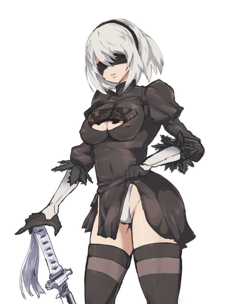 1girl black_dress black_gloves black_hairband blindfold boots breasts cleavage cleavage_cutout depo_(typebaby505) dress gloves grey_legwear groin hairband highleg highleg_leotard highres juliet_sleeves katana large_breasts leotard leotard_under_clothes long_sleeves mole mole_under_mouth nier_(series) nier_automata parted_lips puffy_sleeves short_hair simple_background solo standing sword thigh-highs thighs weapon white_background white_hair white_leotard yorha_no._2_type_b