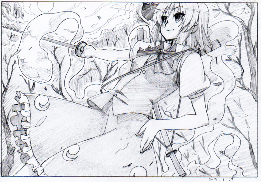 1girl black_border border bow bowtie closed_mouth collared_shirt dated ghost_tail graphite_(medium) greyscale hair_ornament holding holding_sword holding_weapon key_frame konpaku_youmu konpaku_youmu_(ghost) leaf monochrome outdoors pink_x puffy_short_sleeves puffy_sleeves scabbard scan sheath shirt short_sleeves skirt smile solo sword touhou traditional_media tree vest weapon wing_collar