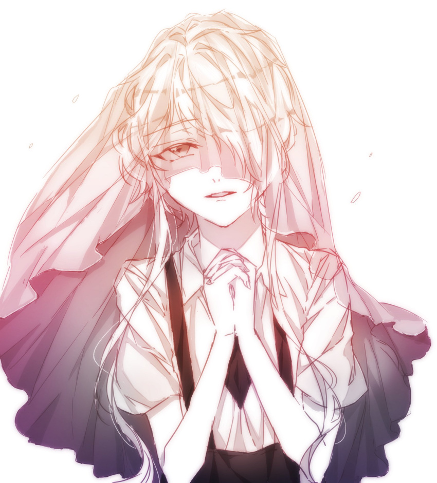 1other androgynous artist_request gem_uniform_(houseki_no_kuni) ghost_quartz_(houseki_no_kuni) hair_over_one_eye hands_clasped highres houseki_no_kuni looking_at_viewer necktie own_hands_together short_hair solo suspenders upper_body veil white_background white_eyes white_hair