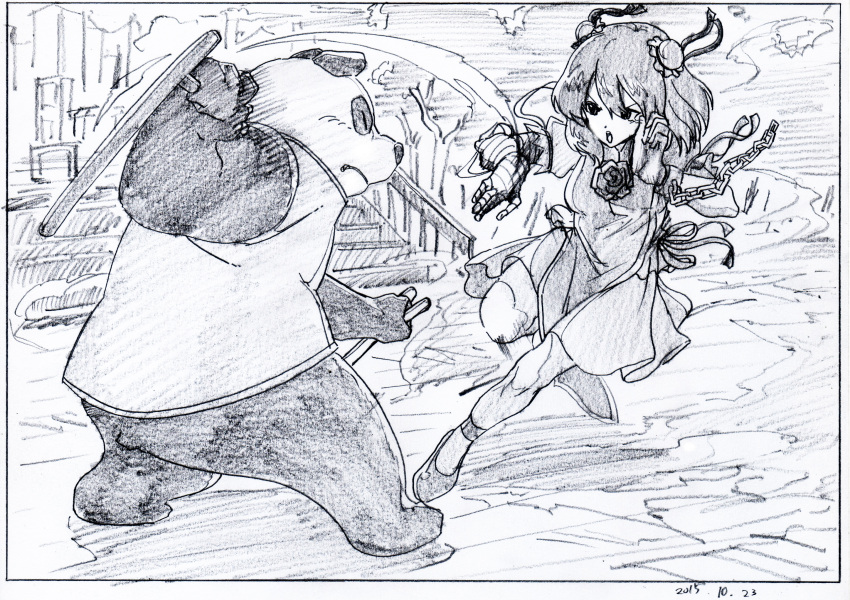 1girl action bandage bandaged_arm bangs baton black_border border bun_cover chains character_request china_dress chinese_clothes cuffs dated double_bun dress fighting fighting_stance flower graphite_(medium) highres key_frame legs_apart looking_at_another open_mouth panda pelvic_curtain pink_x ribbon rose scan shoes short_hair stairs standing standing_on_one_leg touhou traditional_media