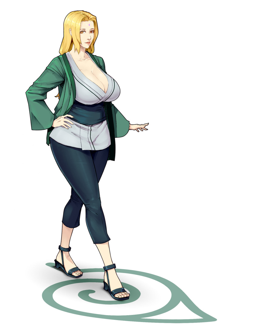 1girl black_footwear blonde_hair breasts brown_eyes cleavage collarbone curvy facial_mark female forehead_mark forehead_protector full_body green_shirt grey_kimono hand_on_hip highres huge_breasts japanese_clothes kimono long_hair long_sleeves materclaws naruto no_socks obi open_clothes open_shirt sandals sash shirt solo toeless_footwear tsunade walking wide_sleeves