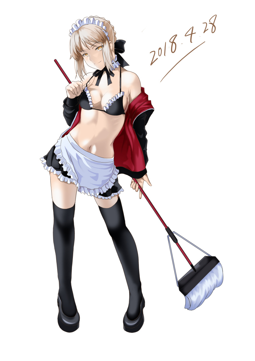 1girl 2018 absurdres alternate_costume apron artoria_pendragon_(all) artoria_pendragon_(swimsuit_rider_alter) bikini black_legwear black_ribbon blonde_hair blush braid breasts cleavage contrapposto dated enmaided fate/grand_order fate_(series) french_braid hair_ribbon highres jacket jacket_over_swimsuit love-saber maid maid_headdress medium_breasts mop navel neck_ribbon off_shoulder ribbon saber saber_alter solo strap_gap swimsuit swimsuit_under_clothes thigh-highs white_background yellow_eyes