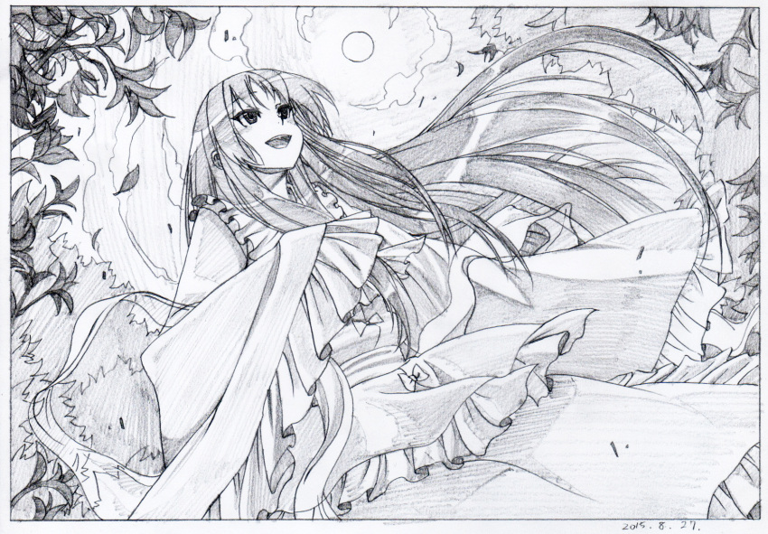 1girl :d bangs clouds dated day floating_hair graphite_(medium) greyscale highres houraisan_kaguya japanese_clothes kimono leaf long_hair long_sleeves monochrome open_mouth outdoors pink_x scan sky sleeves_past_fingers smile solo standing sun touhou traditional_media wide_sleeves