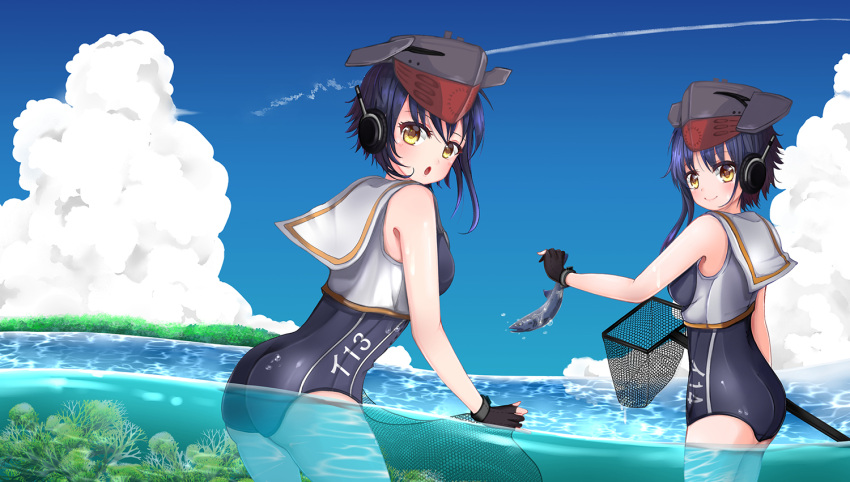2girls ass asymmetrical_hair black_hair black_swimsuit blue_sky brown_eyes character_name clouds condensation_trail coral crop_top fish framed_breasts gloves hair_between_eyes headphones i-13_(kantai_collection) i-14_(kantai_collection) kantai_collection looking_at_viewer multiple_girls neckerchief net open_mouth partly_fingerless_gloves sailor_collar satsukikyo school_swimsuit short_hair single_glove sky smile swimsuit water