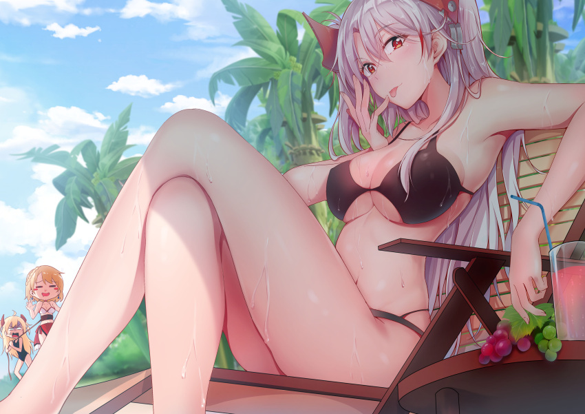 3girls :3 :q absurdres admiral_hipper_(azur_lane) ahoge anger_vein armpits azur_lane bangs bikini black_bikini blush bound braid breasts chair cleavage collarbone cup day drinking_straw drooling elbow_rest eyebrows_visible_through_hair finger_licking food french_braid fruit grapes groin hair_between_eyes headgear highres hirakuneko iron_cross large_breasts legs_crossed licking long_hair looking_at_viewer lounge_chair multicolored_hair multiple_girls navel one-piece_swimsuit open_clothes open_mouth outdoors prince_of_wales_(azur_lane) prinz_eugen_(azur_lane) redhead rope sarong see-through short_hair sidelocks silver_hair sitting skindentation smile stomach streaked_hair sun swimsuit thighs tied_up tongue tongue_out tropical_drink two_side_up very_long_hair wet