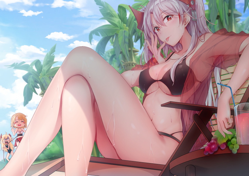 3girls :3 :q absurdres admiral_hipper_(azur_lane) ahoge anger_vein armpits azur_lane bangs bikini black_bikini blush bound braid breasts chair cleavage collarbone cup day drinking_straw drooling elbow_rest eyebrows_visible_through_hair finger_licking food french_braid fruit grapes groin hair_between_eyes headgear highres hirakuneko iron_cross large_breasts legs_crossed licking long_hair looking_at_viewer lounge_chair multicolored_hair multiple_girls navel one-piece_swimsuit open_clothes open_mouth open_shirt outdoors prince_of_wales_(azur_lane) prinz_eugen_(azur_lane) red_shirt redhead rope sarong see-through shirt short_hair sidelocks silver_hair sitting skindentation smile stomach streaked_hair sun swimsuit thighs tied_up tongue tongue_out tropical_drink two_side_up very_long_hair wet