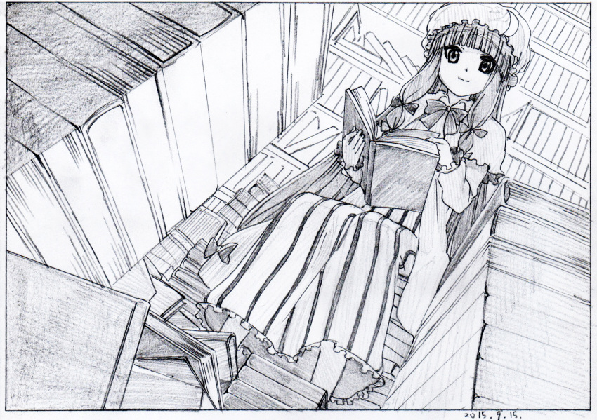 1girl bangs black_border blunt_bangs book book_stack border bow bowtie closed_mouth crescent crescent_moon_pin dated dress foreshortening graphite_(medium) greyscale hair_ribbon hat highres holding holding_book key_frame library long_dress monochrome open_book patchouli_knowledge pillow_hat pink_x ribbon scan sitting smile solo touhou traditional_media tress_ribbon