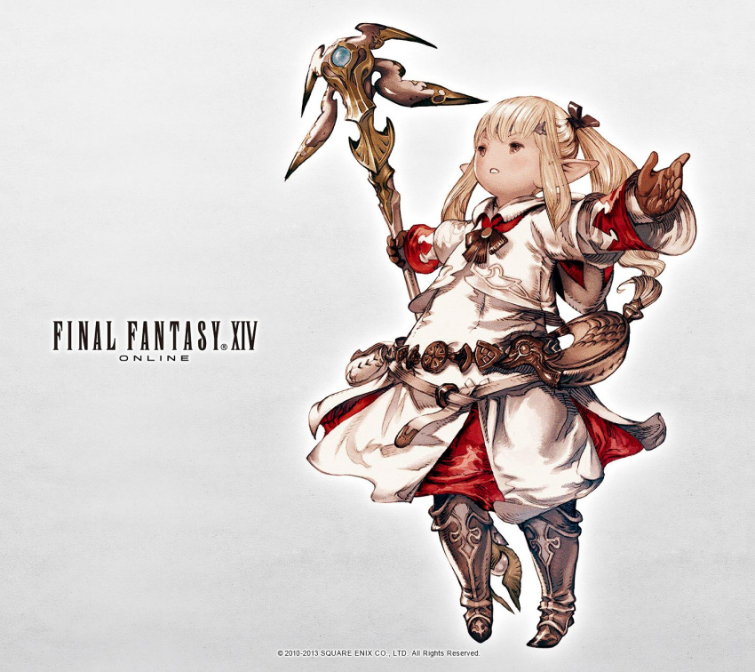 1girl artist_request belt blonde_hair boots bow brown_eyes copyright_name final_fantasy final_fantasy_xiv forehead_protector gem gloves hair_bow highres holding holding_weapon lalafell long_hair official_art open_mouth outstretched_arms pointy_ears pouch robe staff standing tagme twintails wallpaper weapon white_mage