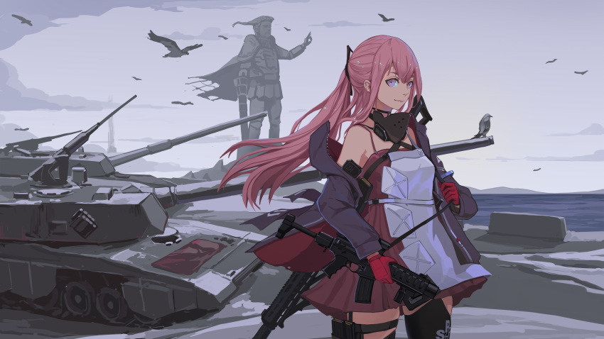 1girl absurdres ar-15 armor assault_rifle bangs bird black_legwear blue_eyes breasts cannon character_name choker closed_mouth clouds cloudy_sky collarbone digi-mind_update_(girls_frontline) dress gas_mask girls_frontline gloves ground_vehicle gun hair_ornament highres holding holding_gun holding_weapon jacket light_smile long_hair looking_at_viewer military military_vehicle motor_vehicle multicolored_hair pink_gloves pink_hair ponytail red_gloves rifle scope sidelocks sima_naoteng single_thighhigh sky small_breasts solo st_ar-15_(girls_frontline) statue strap streaked_hair tank thigh-highs thigh_strap weapon weapon_on_back