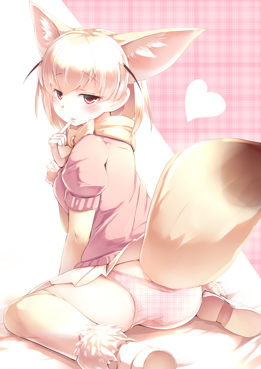 1girl absurdres animal_ears blonde_hair bow bowtie commentary extra_ears fennec_(kemono_friends) finger_to_mouth fox_ears fur_trim heart highres kanzakietc kemono_friends looking_at_viewer panties pink_panties plaid plaid_background plaid_panties puffy_short_sleeves puffy_sleeves red_eyes short_hair short_sleeves sitting skirt solo thigh-highs tongue tongue_out underwear wariza yellow_legwear yellow_neckwear