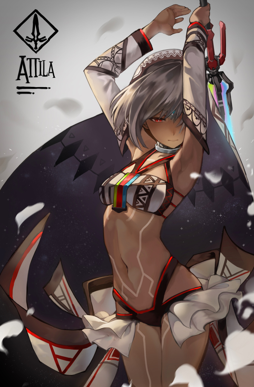 1girl absurdres altera_(fate) arched_back armpits arms_up bangs bikini blurry breasts character_name closed_mouth dark_skin depth_of_field detached_collar detached_sleeves expressionless eyebrows_visible_through_hair fate/extella fate/extra fate_(series) hair_between_eyes half-closed_eyes highres holding holding_sword holding_weapon leg_tattoo legs_together looking_down miniskirt navel photon_ray print_sleeves red_eyes short_hair showgirl_skirt silver_hair skirt small_breasts solo standing stomach stomach_tattoo swimsuit sword tattoo veil weapon white_bikini wind xiaobang